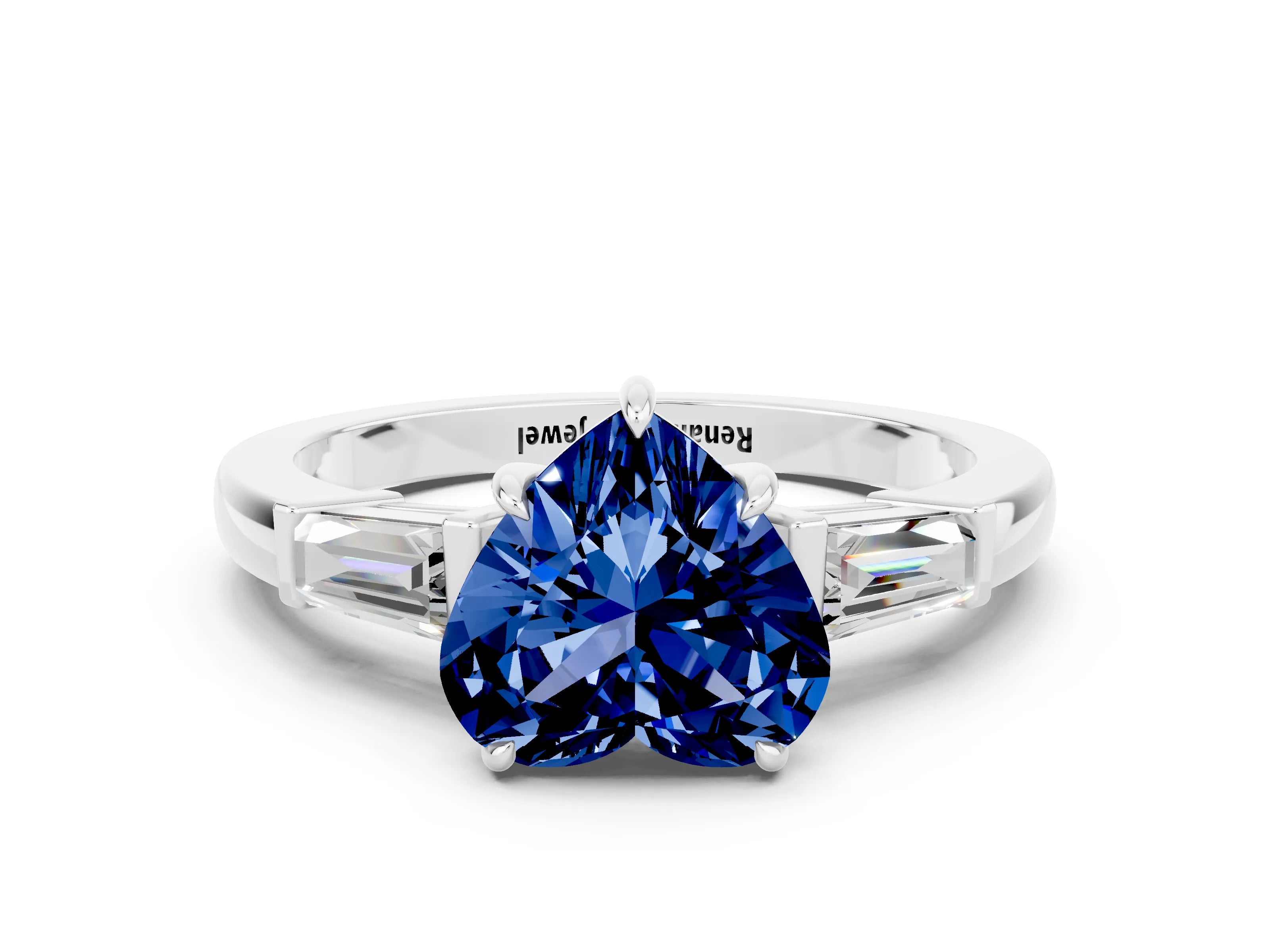 White gold Heart Cut Cut Diamond Ring with Tapered Baguette Side Stones in Four-Prong Setting