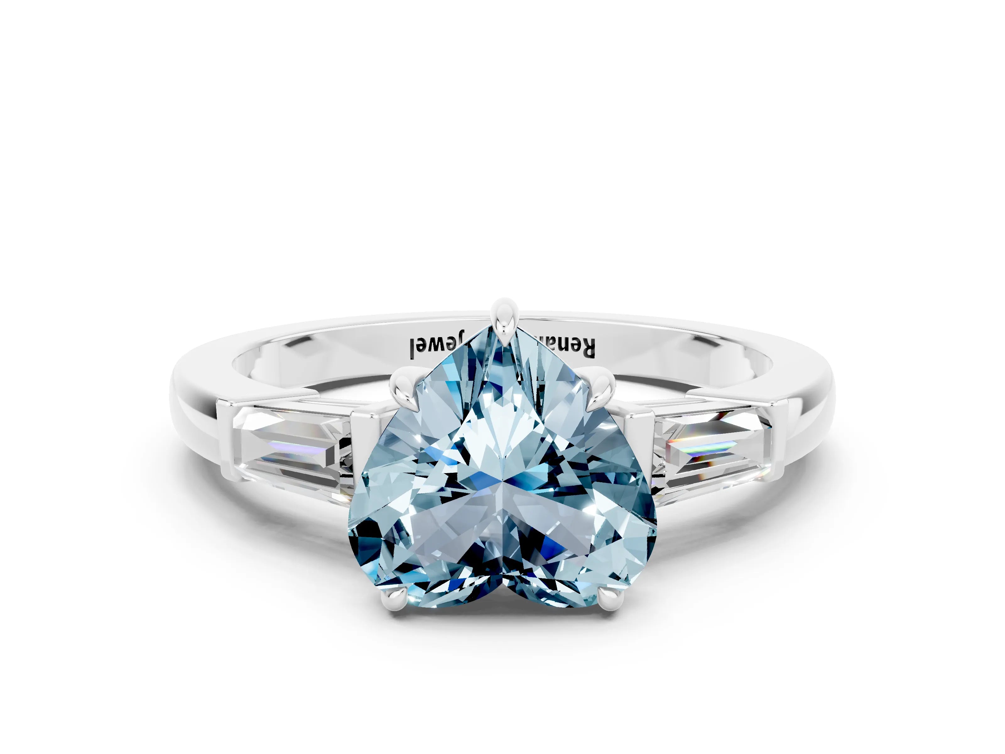 White gold Heart Cut Cut Diamond Ring with Tapered Baguette Side Stones in Four-Prong Setting