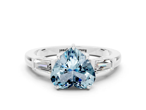 White gold Heart Cut Cut Diamond Ring with Tapered Baguette Side Stones in Four-Prong Setting