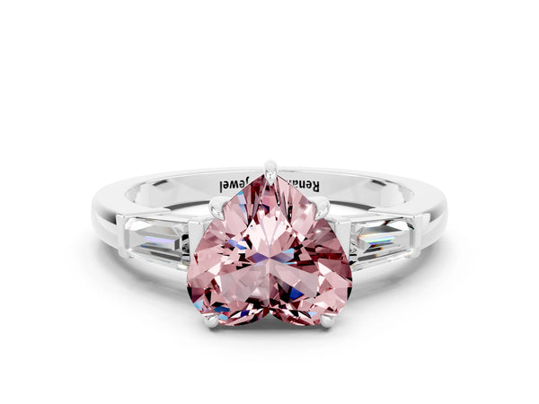 Silver Heart Cut Cut Diamond Ring with Tapered Baguette Side Stones in Four-Prong Setting
