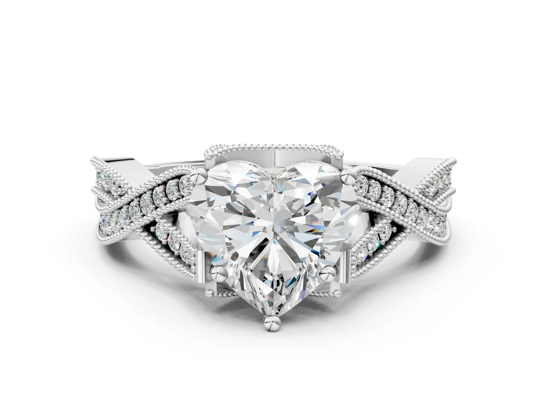 White gold Heart Cut Cut Diamond Twisted Band with Milgrain Pave Setting and Four-Prong Setting_18