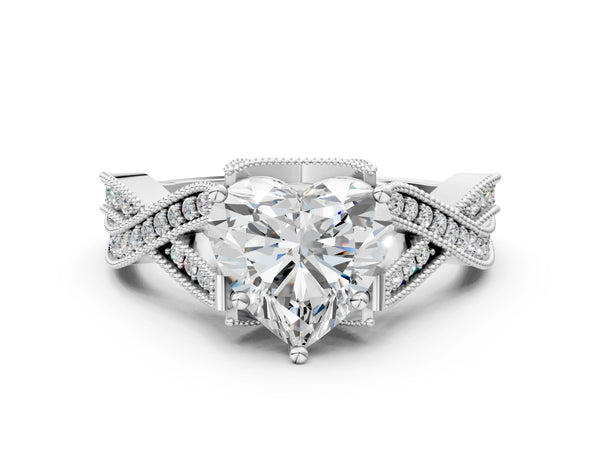 White Gold Heart-Shaped Graduated Pave Twist Engagement Ring Setting