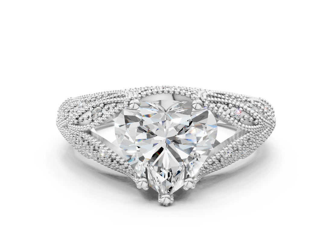 White gold Heart Cut Cut Milgrain Pave Diamond Engagement Ring with Four-Prong Setting_3