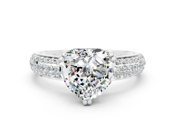 Platinum Heart Cut Moissanite Solitaire Ring with Multi-Row Round Pavé Band and Prong Setting