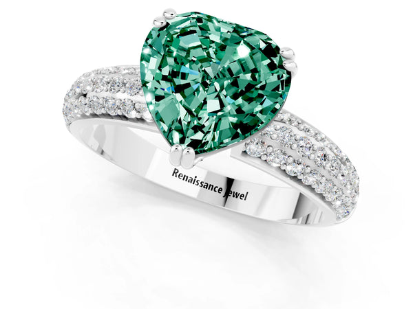 Silver Heart Cut Green Sapphire Solitaire Ring with Multi-Row Round Pavé Band and Prong Setting