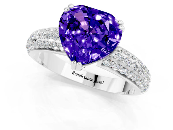 Silver Heart Cut Tanzanite Solitaire Ring with Multi-Row Round Pavé Band and Prong Setting