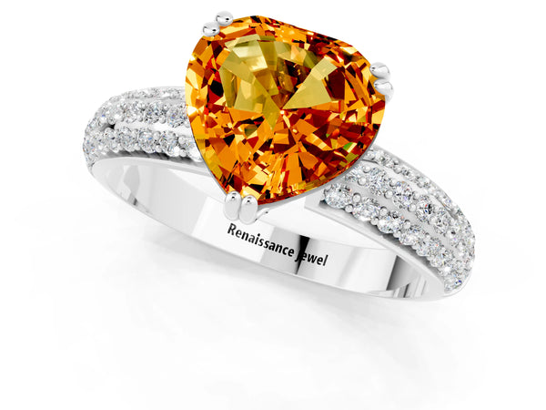 Platinum Heart Cut Citrine Solitaire Ring with Multi-Row Round Pavé Band and Prong Setting