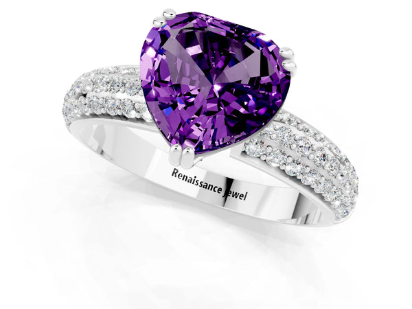 White gold Heart Cut Amethyst Solitaire Ring with Multi-Row Round Pavé Band and Prong Setting