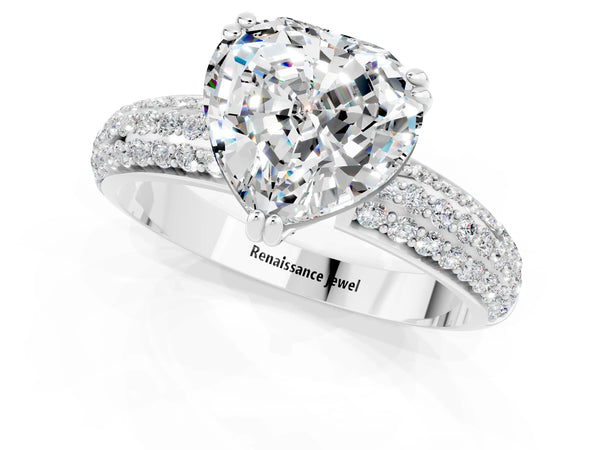 White gold Heart Cut Moissanite Solitaire Ring with Multi-Row Round Pavé Band and Prong Setting