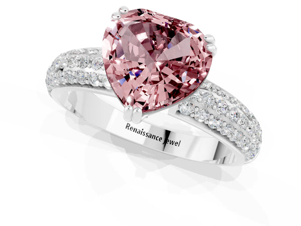 White gold Heart Cut Cut Pave Diamond Engagement Ring with Channel Set Band and Four-Prong Setting