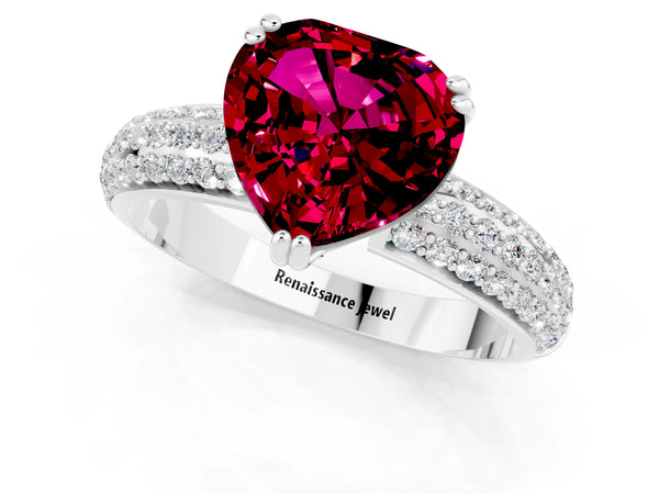 Platinum Heart Cut Garnet Solitaire Ring with Multi-Row Round Pavé Band and Prong Setting