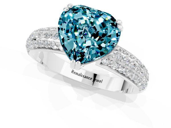 Silver Heart Cut Cut Pave Diamond Engagement Ring with Channel Set Band and Four-Prong Setting