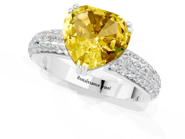White gold Heart Cut Yellow Sapphire Solitaire Ring with Multi-Row Round Pavé Band and Prong Setting