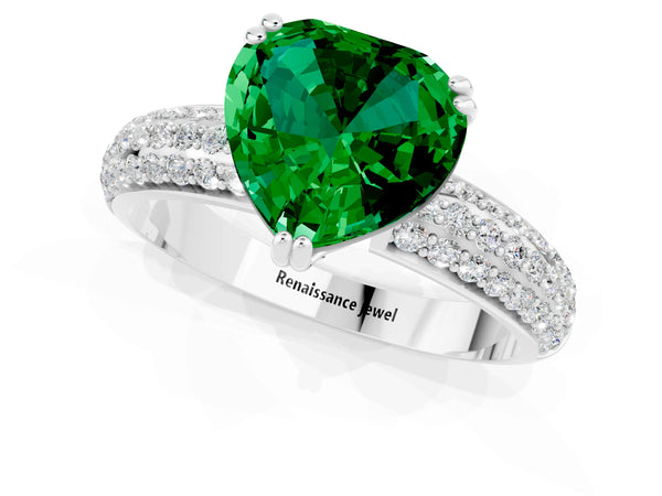 White gold Heart Cut Emerald Solitaire Ring with Multi-Row Round Pavé Band and Prong Setting