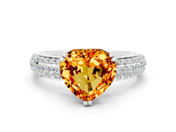 White gold Heart Cut Citrine Solitaire Ring with Multi-Row Round Pavé Band and Prong Setting
