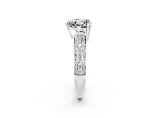Platinum Heart Cut Moissanite Solitaire Ring with Multi-Row Round Pavé Band and Prong Setting