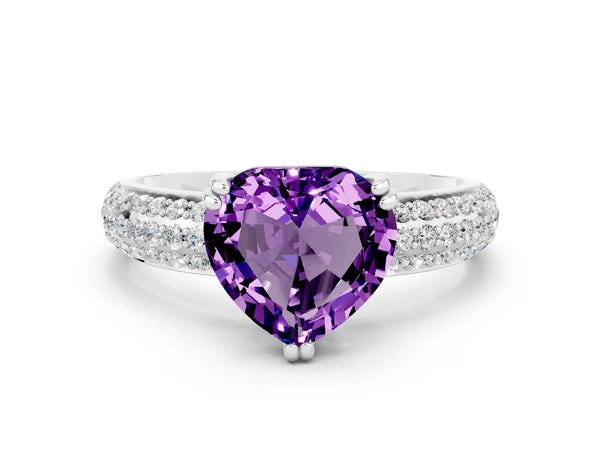 White gold Heart Cut Amethyst Solitaire Ring with Multi-Row Round Pavé Band and Prong Setting