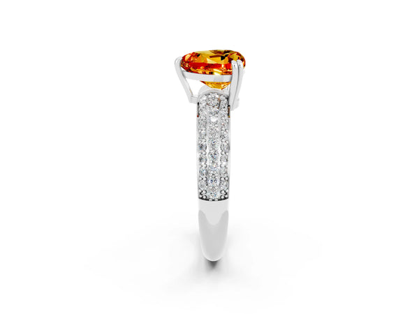 Platinum Heart Cut Citrine Solitaire Ring with Multi-Row Round Pavé Band and Prong Setting