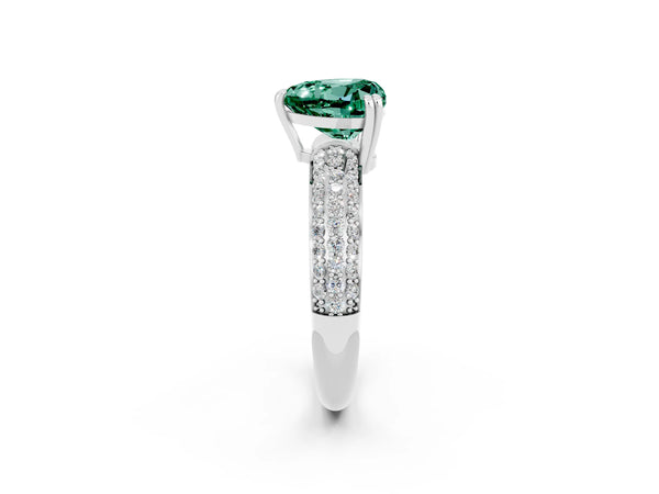 White gold Heart Cut Green Sapphire Solitaire Ring with Multi-Row Round Pavé Band and Prong Setting