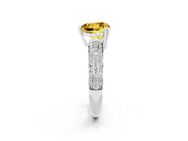 Silver Heart Cut Yellow Sapphire Solitaire Ring with Multi-Row Round Pavé Band and Prong Setting