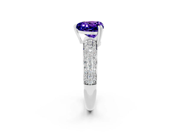Platinum Heart Cut Tanzanite Solitaire Ring with Multi-Row Round Pavé Band and Prong Setting