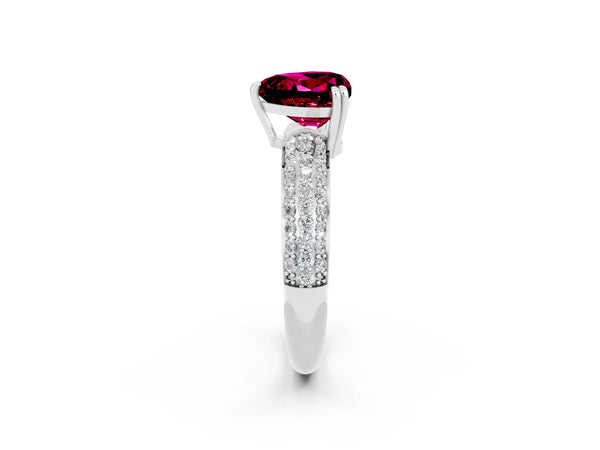 Platinum Heart Cut Garnet Solitaire Ring with Multi-Row Round Pavé Band and Prong Setting