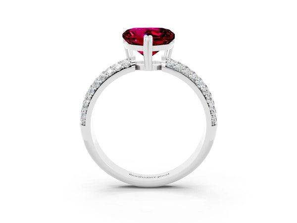 Platinum Heart Cut Garnet Solitaire Ring with Multi-Row Round Pavé Band and Prong Setting