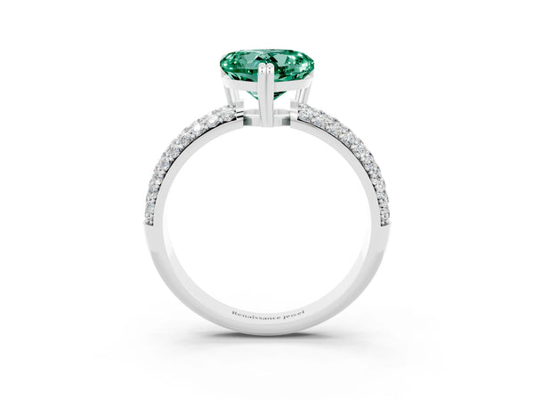Silver Heart Cut Green Sapphire Solitaire Ring with Multi-Row Round Pavé Band and Prong Setting