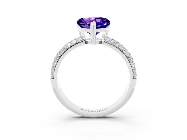 White gold Heart Cut Tanzanite Solitaire Ring with Multi-Row Round Pavé Band and Prong Setting