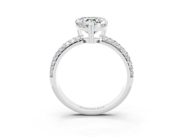 White gold Heart Cut Moissanite Solitaire Ring with Multi-Row Round Pavé Band and Prong Setting