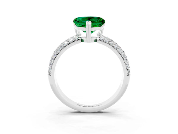 White gold Heart Cut Emerald Solitaire Ring with Multi-Row Round Pavé Band and Prong Setting
