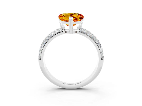 Platinum Heart Cut Citrine Solitaire Ring with Multi-Row Round Pavé Band and Prong Setting