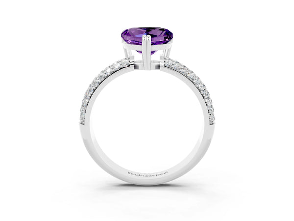 White gold Heart Cut Amethyst Solitaire Ring with Multi-Row Round Pavé Band and Prong Setting