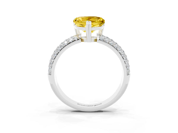 Silver Heart Cut Yellow Sapphire Solitaire Ring with Multi-Row Round Pavé Band and Prong Setting