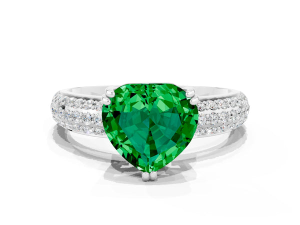 White gold Heart Cut Emerald Solitaire Ring with Multi-Row Round Pavé Band and Prong Setting