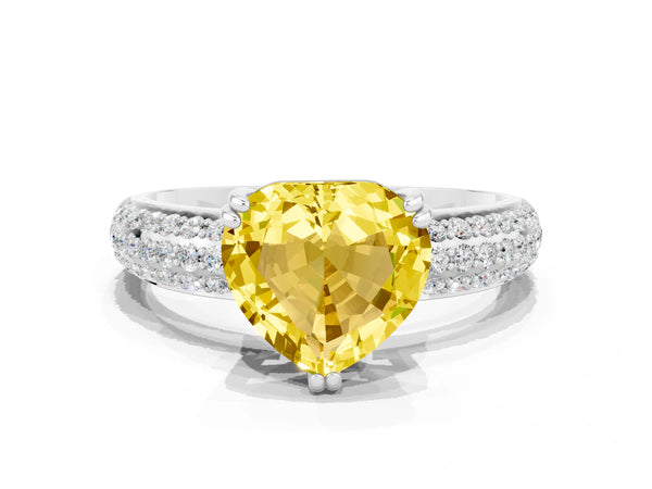 Platinum Heart Cut Yellow Sapphire Solitaire Ring with Multi-Row Round Pavé Band and Prong Setting