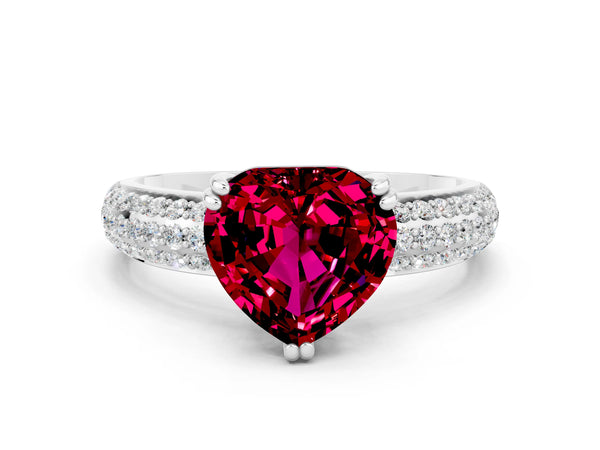 Platinum Heart Cut Garnet Solitaire Ring with Multi-Row Round Pavé Band and Prong Setting