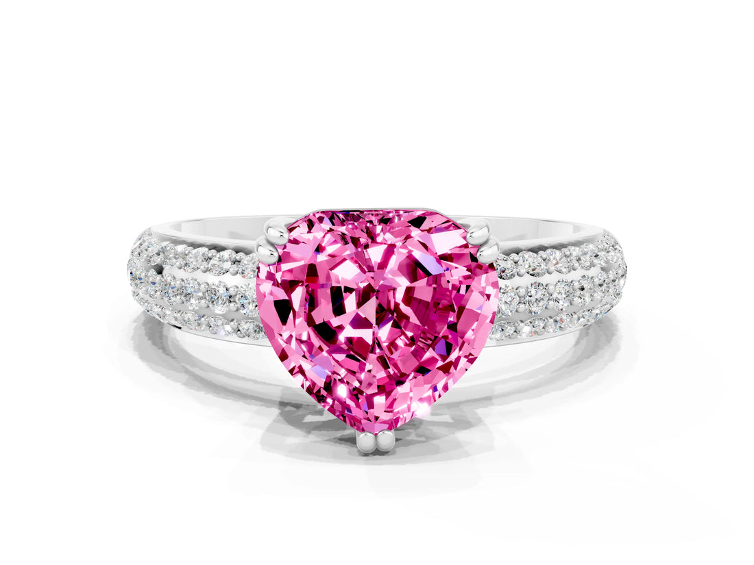 White gold Heart Cut Cut Pave Diamond Engagement Ring with Channel Set Band and Four-Prong Setting