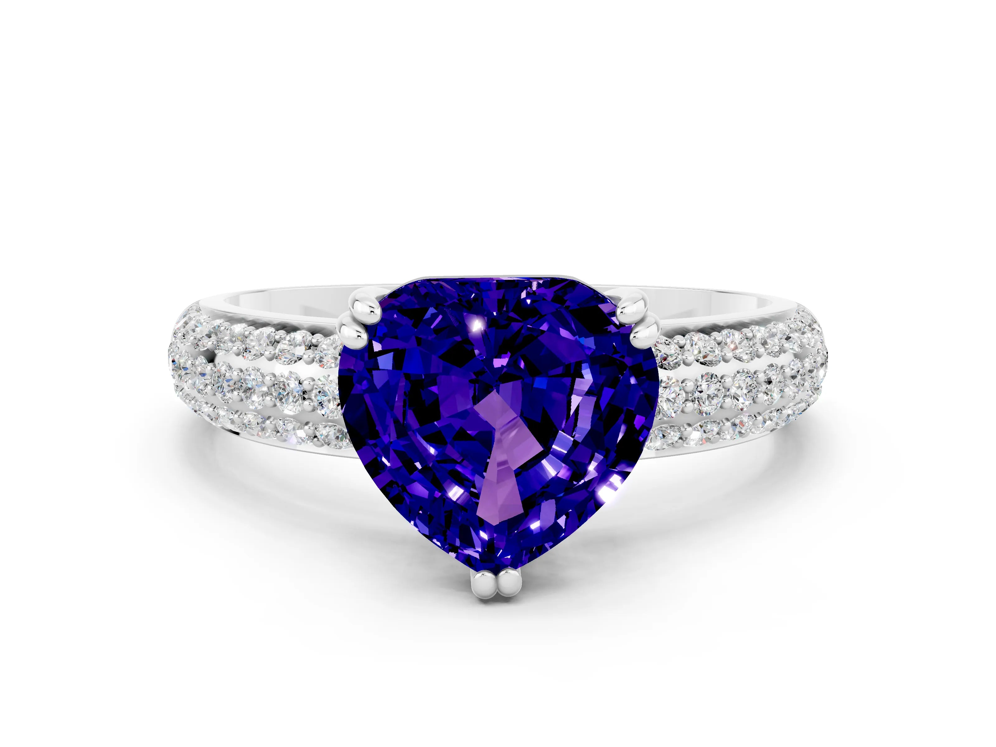 White gold Heart Cut Cut Pave Diamond Engagement Ring with Channel Set Band and Four-Prong Setting