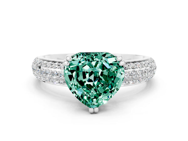 Silver Heart Cut Green Sapphire Solitaire Ring with Multi-Row Round Pavé Band and Prong Setting