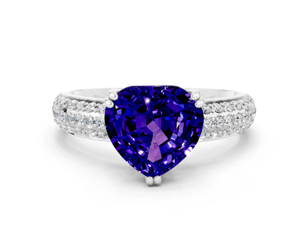 Silver Heart Cut Tanzanite Solitaire Ring with Multi-Row Round Pavé Band and Prong Setting