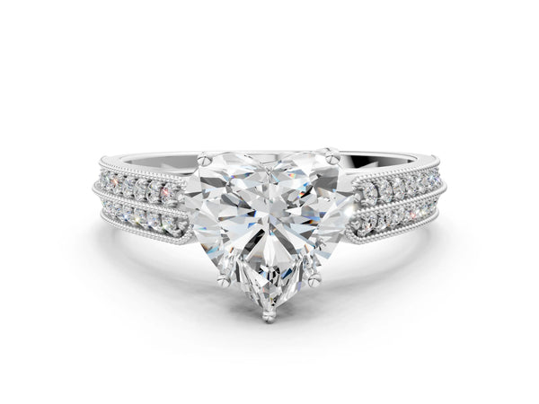 Platinum Princess Cut Vintage Engagement Ring Setting with Double Row Pave Band and Milgrain