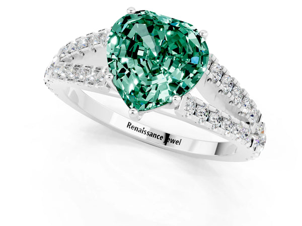 Platinum Heart Cut Green Sapphire Split Shank Engagement Ring with Round Pavé and Prong Setting