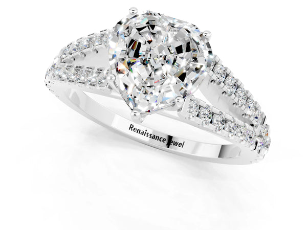 White gold Heart Cut Moissanite Split Shank Engagement Ring with Round Pavé and Prong Setting