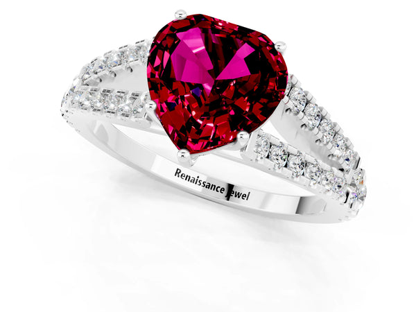 White gold Heart Cut Garnet Split Shank Engagement Ring with Round Pavé and Prong Setting