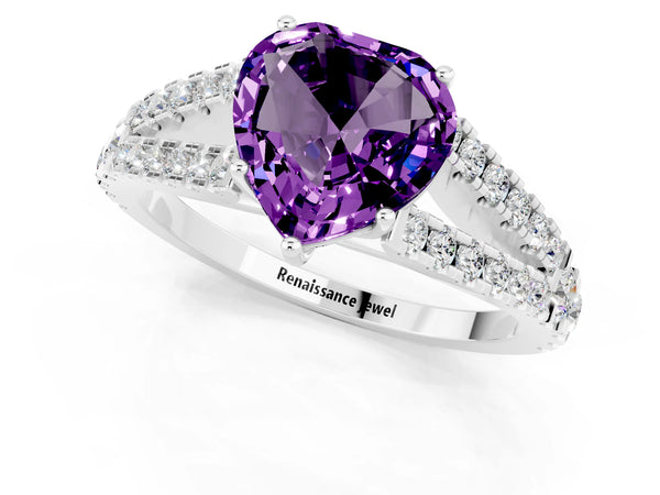 White gold Heart Cut Amethyst Split Shank Engagement Ring with Round Pavé and Prong Setting