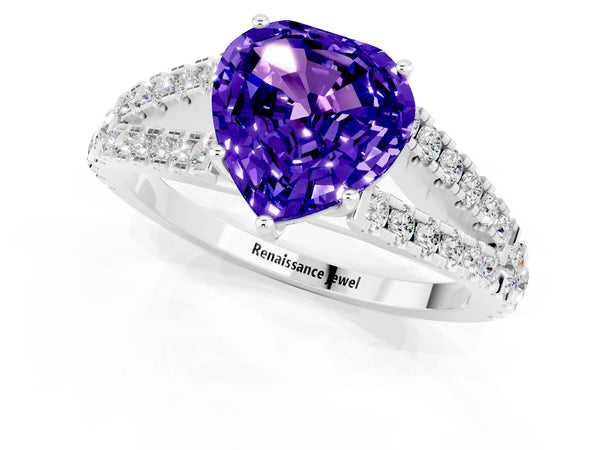 White gold Heart Cut Tanzanite Split Shank Engagement Ring with Round Pavé and Prong Setting