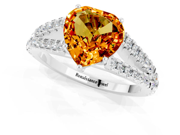 Platinum Heart Cut Citrine Split Shank Engagement Ring with Round Pavé and Prong Setting