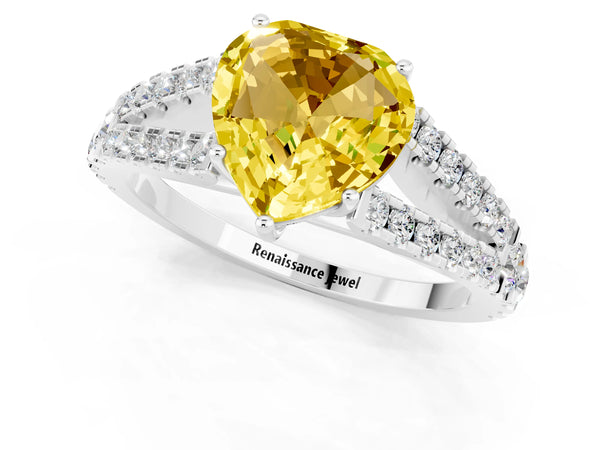 Platinum Heart Cut Yellow Sapphire Split Shank Engagement Ring with Round Pavé and Prong Setting