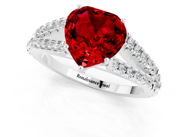 Silver Heart Cut Ruby Split Shank Engagement Ring with Round Pavé and Prong Setting